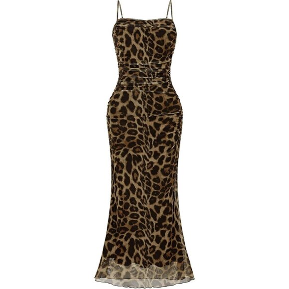 🆕 Women Brown Mesh Sexy Cami Long Dresses Floral Slip Maxi RuchedSummer Bodycon - Picture 1 of 6